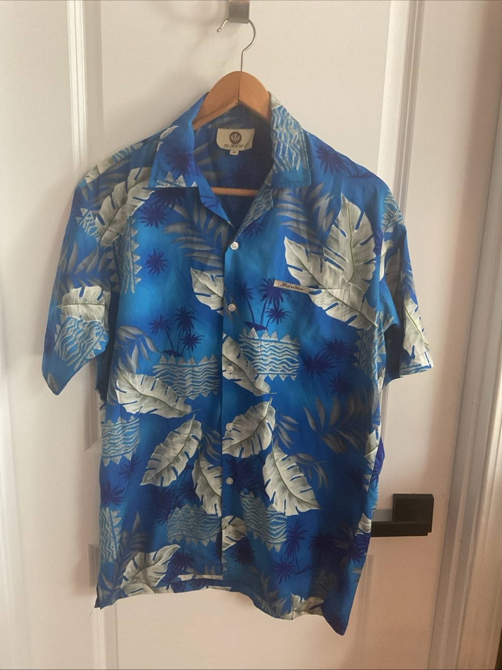 Joann’s - Men's Blue Tropical Leaf Print Short-Sleeve Button-Down Shirt - Size M